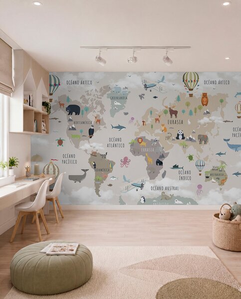 Carta da parati Mappa del mondo per bambini con animali e mongolfiere. Lingua spagnola., Carta da parati per Bambini, c00002es : Uwalls.it