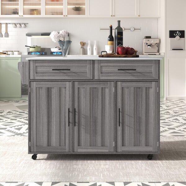 Carrello da Cucina Multifunzione con Tavolo Ribaltabile, Ripiani Interni e 5 Ruote, 2 Cassetti e Mobiletto Salvaspazio, 129x71x91,5 cm, Grigio+Bianco