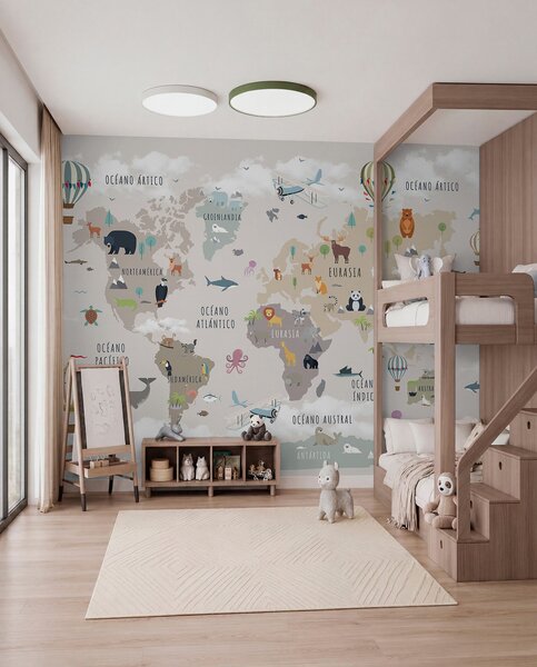 Carta da parati Mappa del mondo per bambini con animali e mongolfiere. Lingua spagnola., Carta da parati per Bambini, c00002es : Uwalls.it