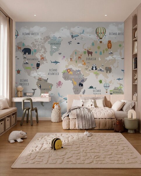 Carta da parati Mappa del mondo per bambini con animali e mongolfiere. Lingua spagnola., Carta da parati per Bambini, c00002es : Uwalls.it