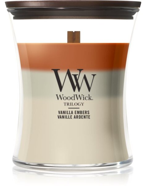 Woodwick Trilogy Vanilla Embers candela profumata con stoppino in legno 275 g
