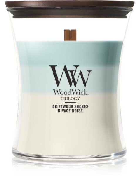 Woodwick Trilogy Driftwood Shores candela profumata con stoppino in legno 275 g