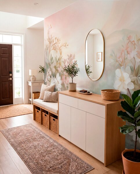 Carta da parati Un paesaggio con un fiume circondato da fiori e piante, colori tenui, cielo rosa,, Carta da parati Acquerello, w09537 : Uwalls.it