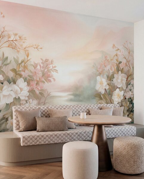 Carta da parati Un paesaggio con un fiume circondato da fiori e piante, colori tenui, cielo rosa,, Carta da parati Acquerello, w09537 : Uwalls.it