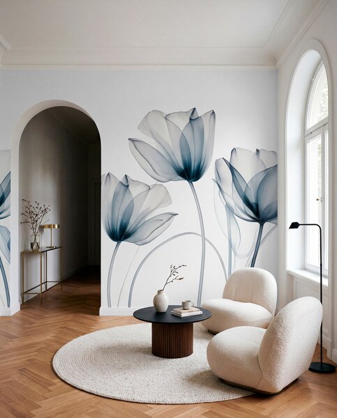 Carta da parati Fiori di tulipano blu e bianchi traslucidi con steli lunghi, su sfondo chiaro, arte, Carta da parati Moderno, w09538 : Uwalls.it