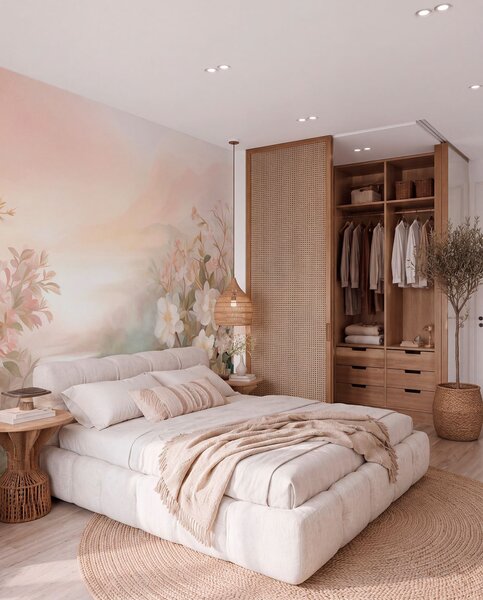 Carta da parati Un paesaggio con un fiume circondato da fiori e piante, colori tenui, cielo rosa,, Carta da parati Acquerello, w09537 : Uwalls.it