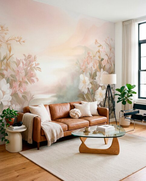 Carta da parati Un paesaggio con un fiume circondato da fiori e piante, colori tenui, cielo rosa,, Carta da parati Acquerello, w09537 : Uwalls.it