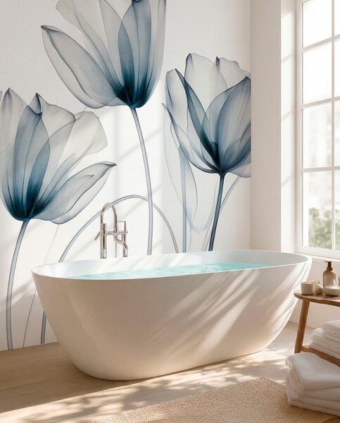 Carta da parati Fiori di tulipano blu e bianchi traslucidi con steli lunghi, su sfondo chiaro, arte, Carta da parati Moderno, w09538 : Uwalls.it