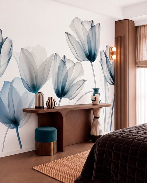Carta da parati Fiori di tulipano blu e bianchi traslucidi con steli lunghi, su sfondo chiaro, arte, Carta da parati Moderno, w09538 : Uwalls.it