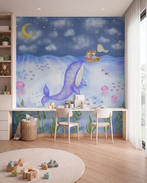 Carta da parati Una balena nuota sotto un cielo stellato, Carta da parati Mare, w01965 : Uwalls.it