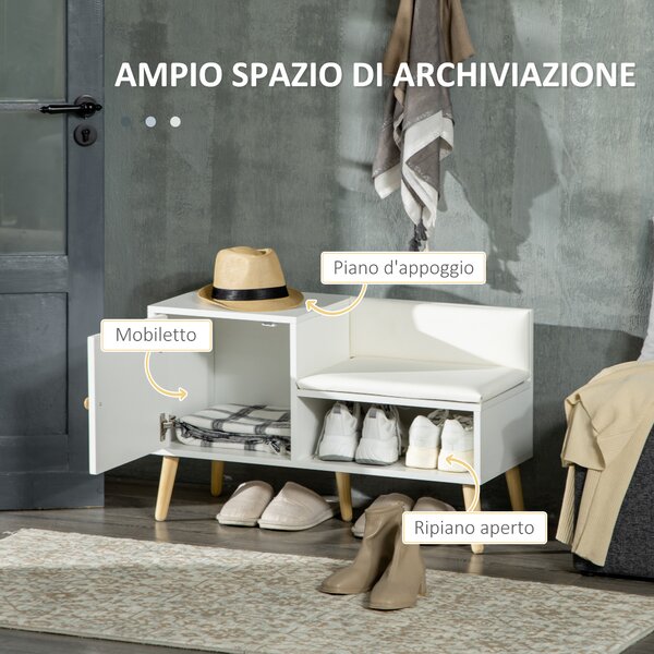 HOMCOM Scarpiera da Ingresso con Seduta Imbottita e Armadietto per 4 Paia di Scarpe, 80x33x49cm, Bianco