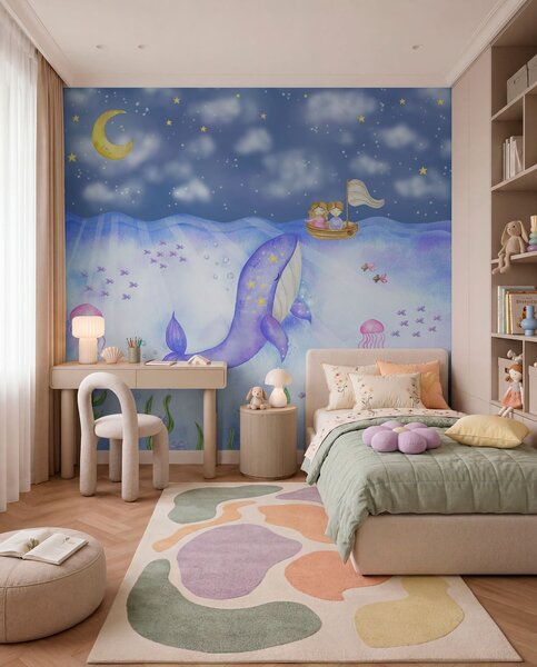Carta da parati Una balena nuota sotto un cielo stellato, Carta da parati Mare, w01965 : Uwalls.it