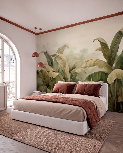 Carta da parati Paesaggio giungla denso e strutturato con grandi foglie di banano nei toni tenui del, Carta da parati Natura, w09613 : Uwalls.it