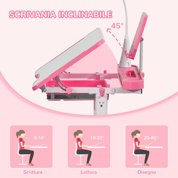 HOMCOM Set Scrivania per Bambini 6-12 Anni con Sedia Regolabile in Altezza, Cassetto, Luce e Piano Inclinabile, Rosa