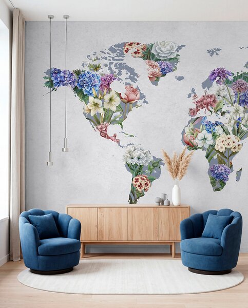 Carta da parati Una mappa del mondo colorata, realizzata con una varietà di fiori dai colori vivaci, Carta da parati Buffer, c00006 : Uwalls.it
