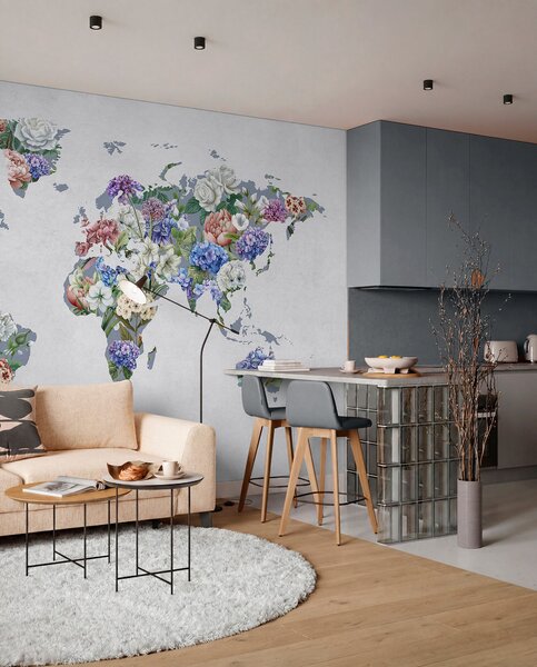 Carta da parati Una mappa del mondo colorata, realizzata con una varietà di fiori dai colori vivaci, Carta da parati Buffer, c00006 : Uwalls.it