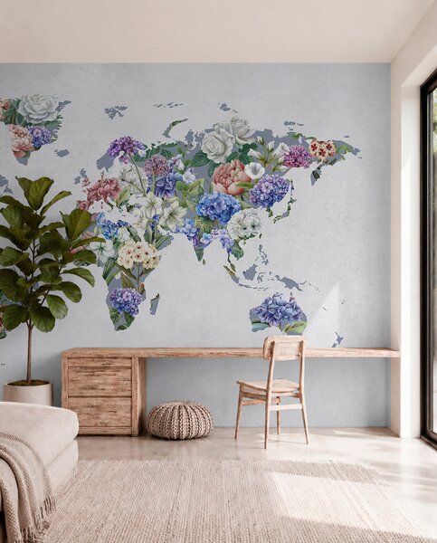 Carta da parati Una mappa del mondo colorata, realizzata con una varietà di fiori dai colori vivaci, Carta da parati Buffer, c00006 : Uwalls.it
