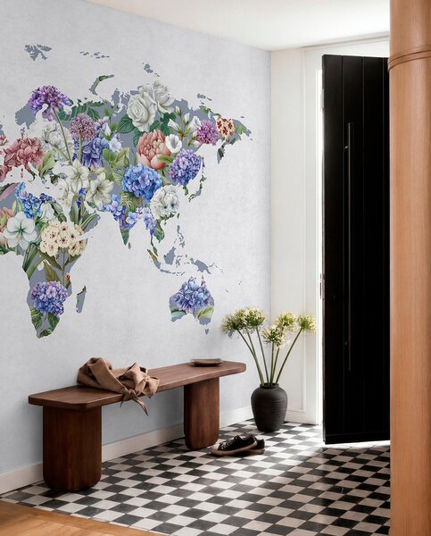 Carta da parati Una mappa del mondo colorata, realizzata con una varietà di fiori dai colori vivaci, Carta da parati Buffer, c00006 : Uwalls.it