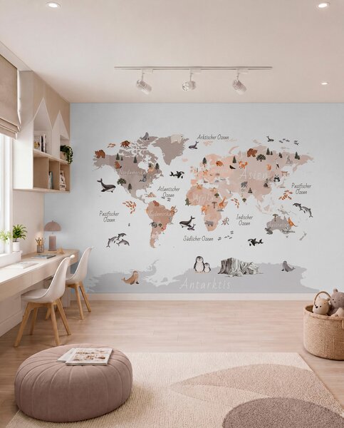 Carta da parati Una mappa in stile acquerello dai toni del beige con animali, piante ed, Carta da parati Mappa del Mondo, c00009dev3 : Uwalls.it