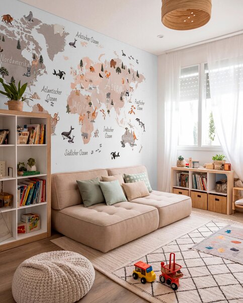 Carta da parati Una mappa in stile acquerello dai toni del beige con animali, piante ed, Carta da parati Mappa del Mondo, c00009dev3 : Uwalls.it