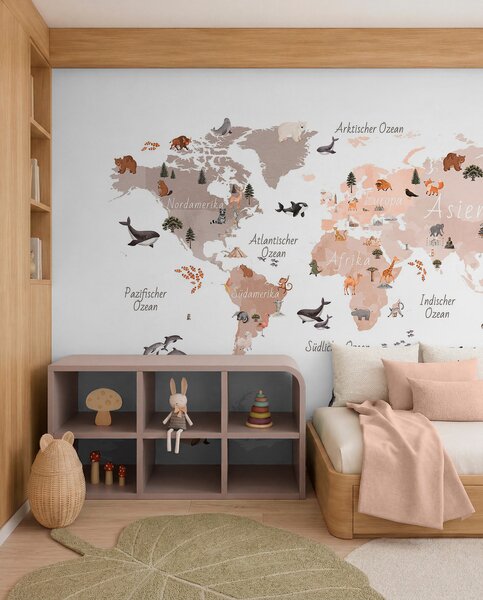 Carta da parati Una mappa in stile acquerello dai toni del beige con animali, piante ed, Carta da parati Mappa del Mondo, c00009dev3 : Uwalls.it