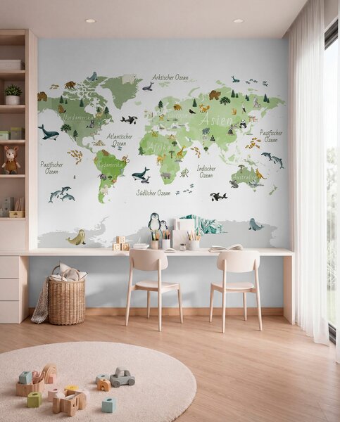 Carta da parati Una mappa in stile acquerello che raffigura animali, piante ed edifici., Carta da parati Mappa del Mondo, c00009dev2 : Uwalls.it
