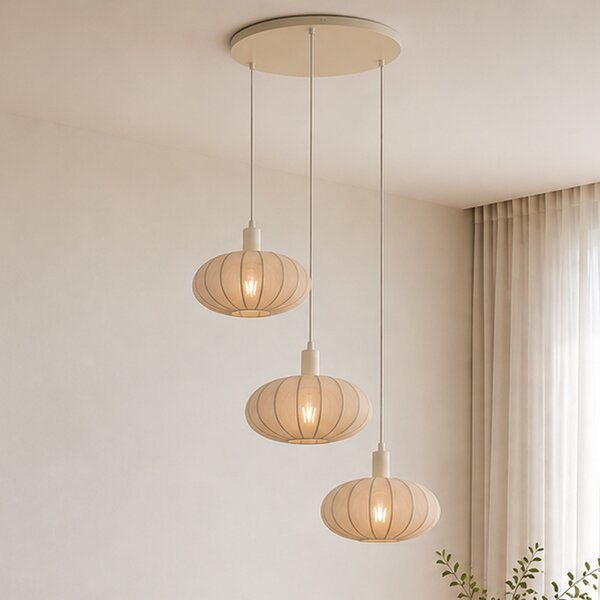 Lampada a sospensione Japandi beige con paralume in tessuto a 3 luci - Bida