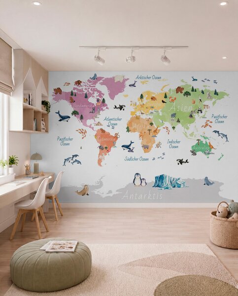 Carta da parati Una mappa a colori in stile acquerello che raffigura animali, piante ed, Carta da parati Mappa del Mondo, c00009de : Uwalls.it