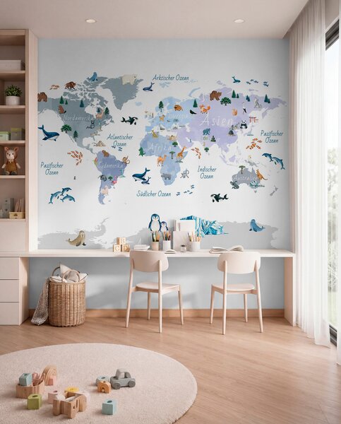 Carta da parati Una mappa blu in stile acquerello con animali, piante ed edifici. Didascalie, Carta da parati Mappa del Mondo, c00009dev1 : Uwalls.it