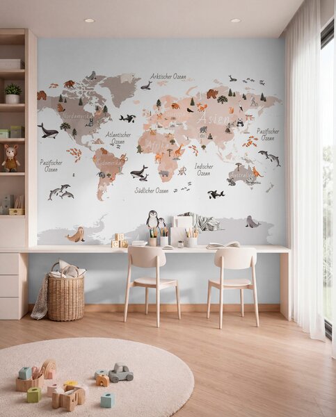 Carta da parati Una mappa in stile acquerello dai toni del beige con animali, piante ed, Carta da parati Mappa del Mondo, c00009dev3 : Uwalls.it