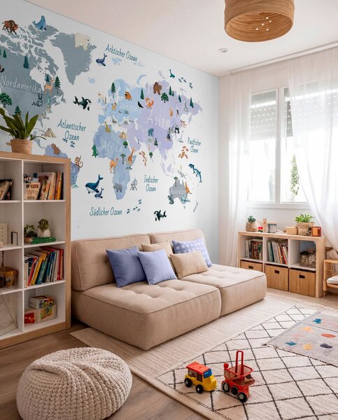 Carta da parati Una mappa blu in stile acquerello con animali, piante ed edifici. Didascalie, Carta da parati Mappa del Mondo, c00009dev1 : Uwalls.it