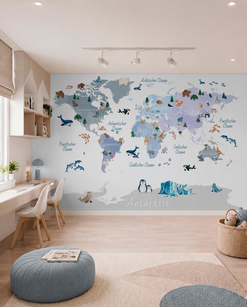 Carta da parati Una mappa blu in stile acquerello con animali, piante ed edifici. Didascalie, Carta da parati Mappa del Mondo, c00009dev1 : Uwalls.it