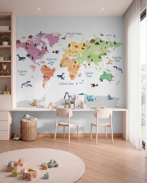 Carta da parati Una mappa a colori in stile acquerello che raffigura animali, piante ed, Carta da parati Mappa del Mondo, c00009de : Uwalls.it
