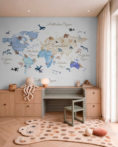 Carta da parati Una mappa blu in stile acquerello con animali. Etichette in tedesco, Carta da parati per Bambini, c00012dev1 : Uwalls.it