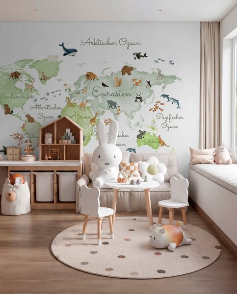 Carta da parati Una mappa verde in stile acquerello con animali. Dettagli in tedesco, Carta da parati per Bambini, c00012dev2 : Uwalls.it