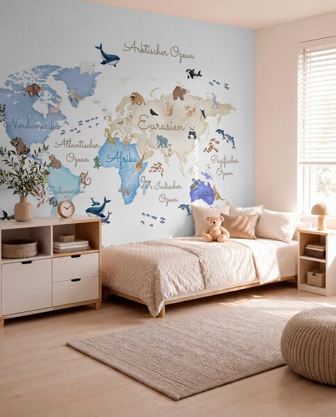 Carta da parati Una mappa blu in stile acquerello con animali. Etichette in tedesco, Carta da parati per Bambini, c00012dev1 : Uwalls.it