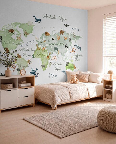 Carta da parati Una mappa verde in stile acquerello con animali. Dettagli in tedesco, Carta da parati per Bambini, c00012dev2 : Uwalls.it