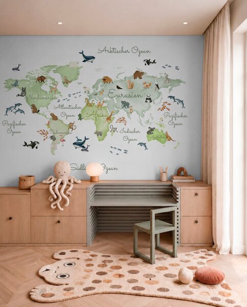 Carta da parati Una mappa verde in stile acquerello con animali. Dettagli in tedesco, Carta da parati per Bambini, c00012dev2 : Uwalls.it