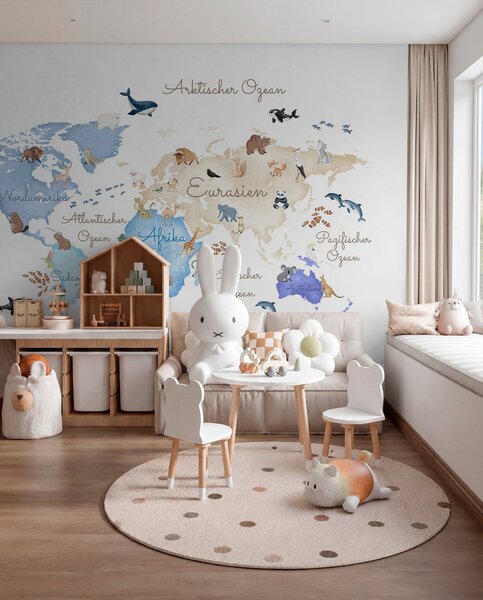 Carta da parati Una mappa blu in stile acquerello con animali. Etichette in tedesco, Carta da parati per Bambini, c00012dev1 : Uwalls.it