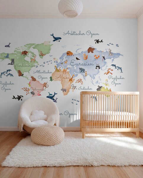 Carta da parati Una mappa blu in stile acquerello con animali. Etichette in tedesco, Carta da parati per Bambini, c00012dev1 : Uwalls.it