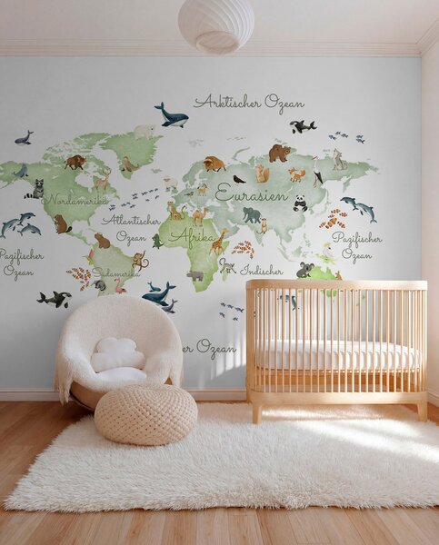 Carta da parati Una mappa verde in stile acquerello con animali. Dettagli in tedesco, Carta da parati per Bambini, c00012dev2 : Uwalls.it
