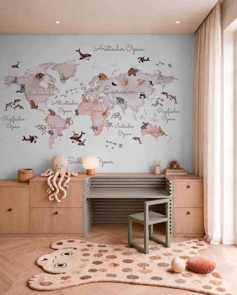 Carta da parati Una mappa in stile acquerello dai toni del beige con immagini di animali., Carta da parati per Bambini, c00012dev3 : Uwalls.it