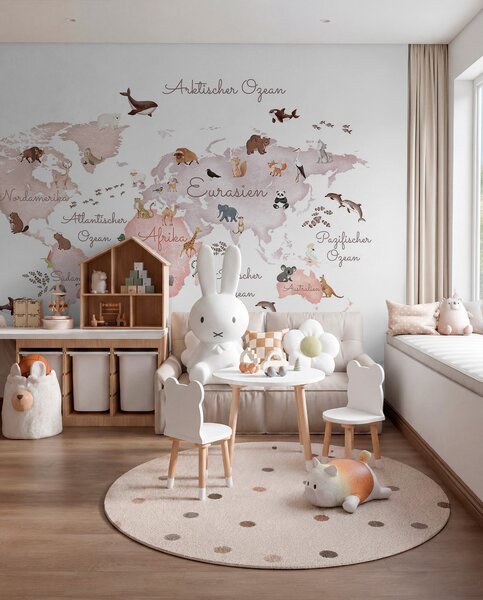 Carta da parati Una mappa in stile acquerello dai toni del beige con immagini di animali., Carta da parati per Bambini, c00012dev3 : Uwalls.it