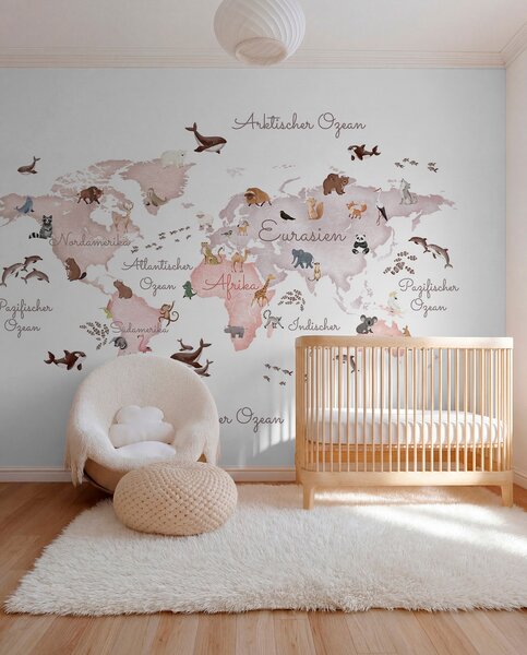 Carta da parati Una mappa in stile acquerello dai toni del beige con immagini di animali., Carta da parati per Bambini, c00012dev3 : Uwalls.it
