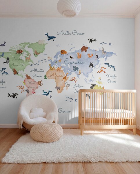 Carta da parati Una mappa a colori in stile acquerello con immagini di animali. Didascalie in, Carta da parati Mappa del Mondo, c00012en : Uwalls.it