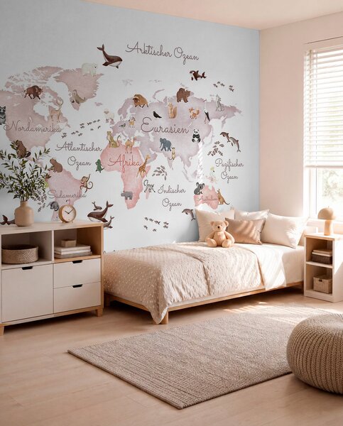 Carta da parati Una mappa in stile acquerello dai toni del beige con immagini di animali., Carta da parati per Bambini, c00012dev3 : Uwalls.it