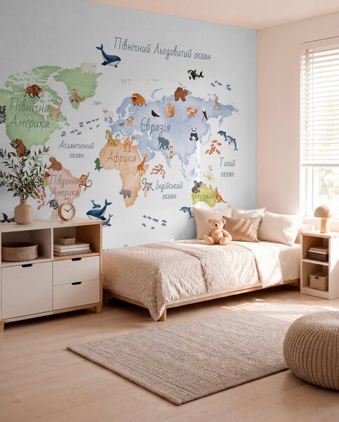 Carta da parati Una mappa a colori in stile acquerello con immagini di animali. Didascalie in, Carta da parati Mappa del Mondo, c00012uk : Uwalls.it