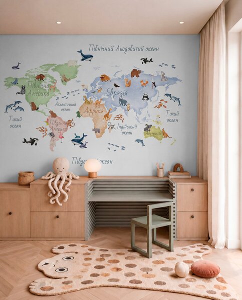 Carta da parati Una mappa a colori in stile acquerello con immagini di animali. Didascalie in, Carta da parati Mappa del Mondo, c00012uk : Uwalls.it
