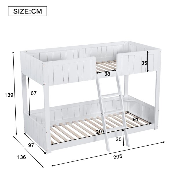 Letto a castello per bambini con scala a tre gradini e barriera di sicurezza, senza materasso, 90x200 cm, Bianco