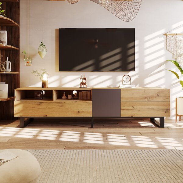 Mobile TV Moderno Colorblocking con Venature in Legno e Superficie Lucida, Design Irregolare, Senza Maniglia, Rovere + Antracite, Nero|Aosom